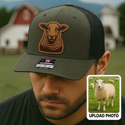 Personalized Sheep Photo Leather Patch Hat | Custom Farm Photo Trucker Hat | Farm Leather Patch Hat THUC99