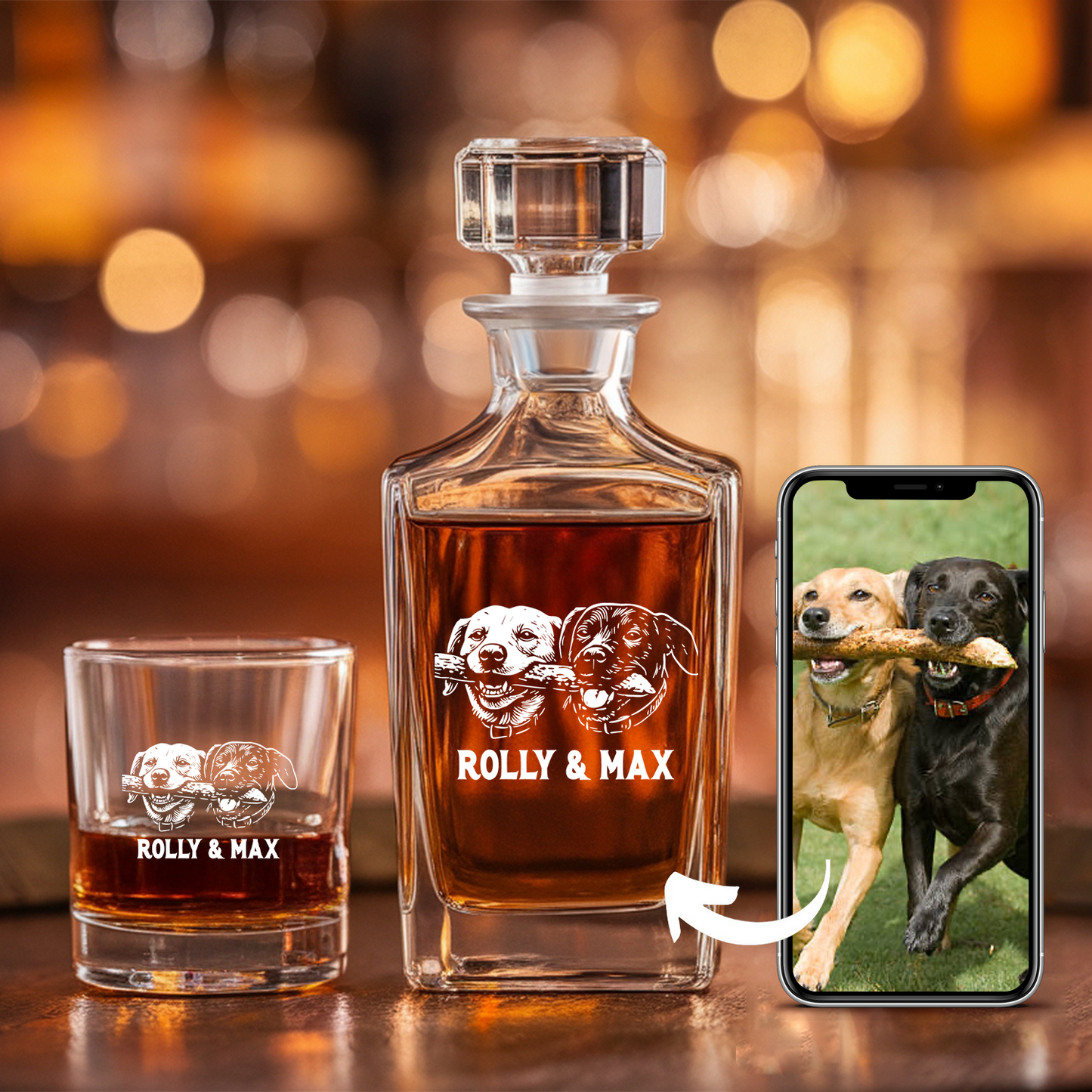 Custom Dog Photo Whiskey Glass And Decanter Set | Personalized Dog Photo Decanter | Gift For Dog Lover | Pet Memorial Gift TNN06