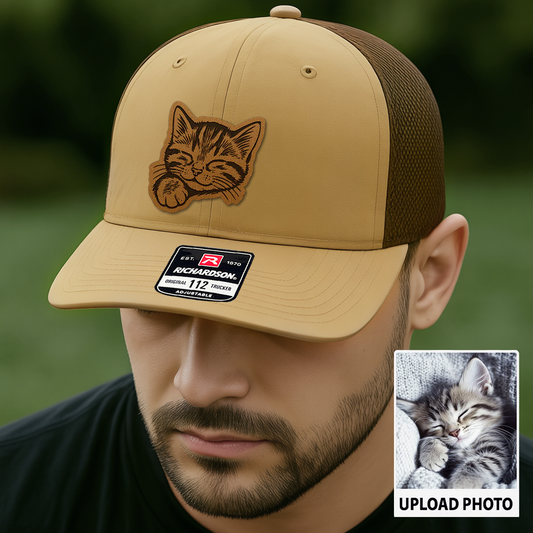 Custom Cat Photo Trucker Hat | Personalized Cat Photo Leather Patch Hat | Cat Lover Gift THUC99123
