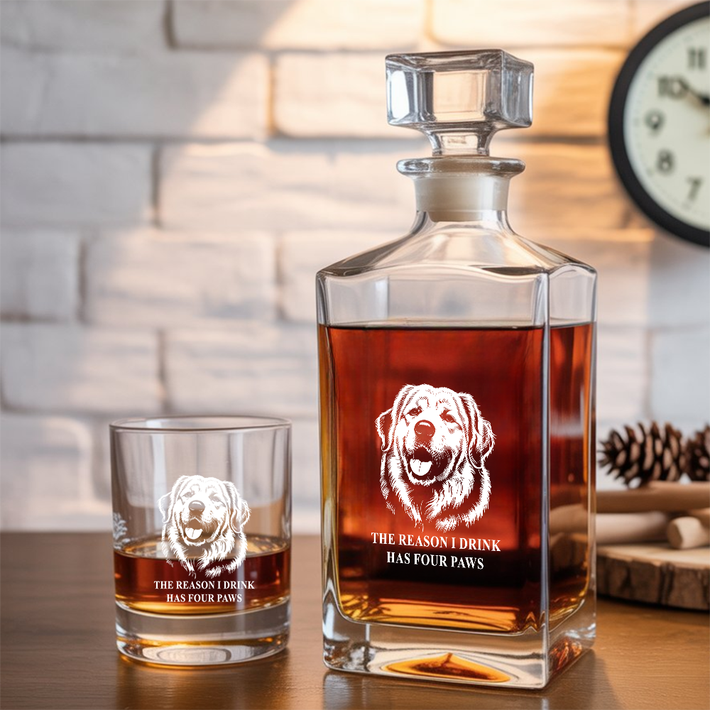 Custom Dog Photo The Reason I Drink Has Four Paws Whiskey Glass And Decanter Set | Personalized Dog Photo | Pet Lover Gift