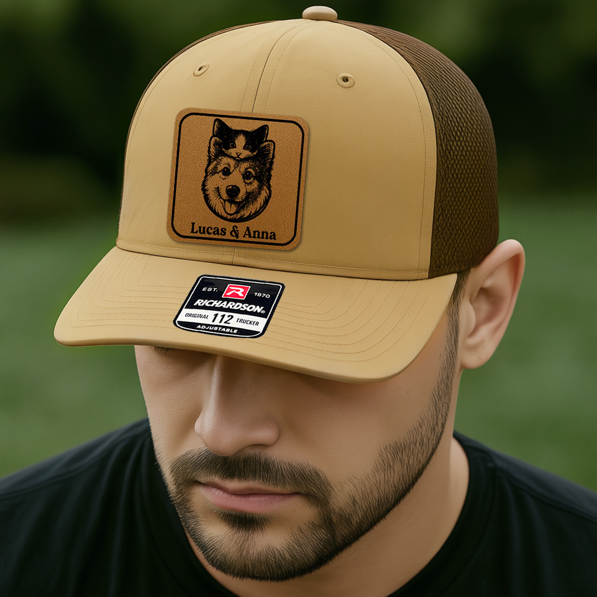 Custom Pet Photo Trucker Hat – Personalized Leather Patch Hat – Dog Portrait Gift – Custom Pet Face Hat P99A20