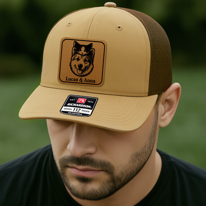 Custom Pet Photo Trucker Hat – Personalized Leather Patch Hat – Dog Portrait Gift – Custom Pet Face Hat P99A20