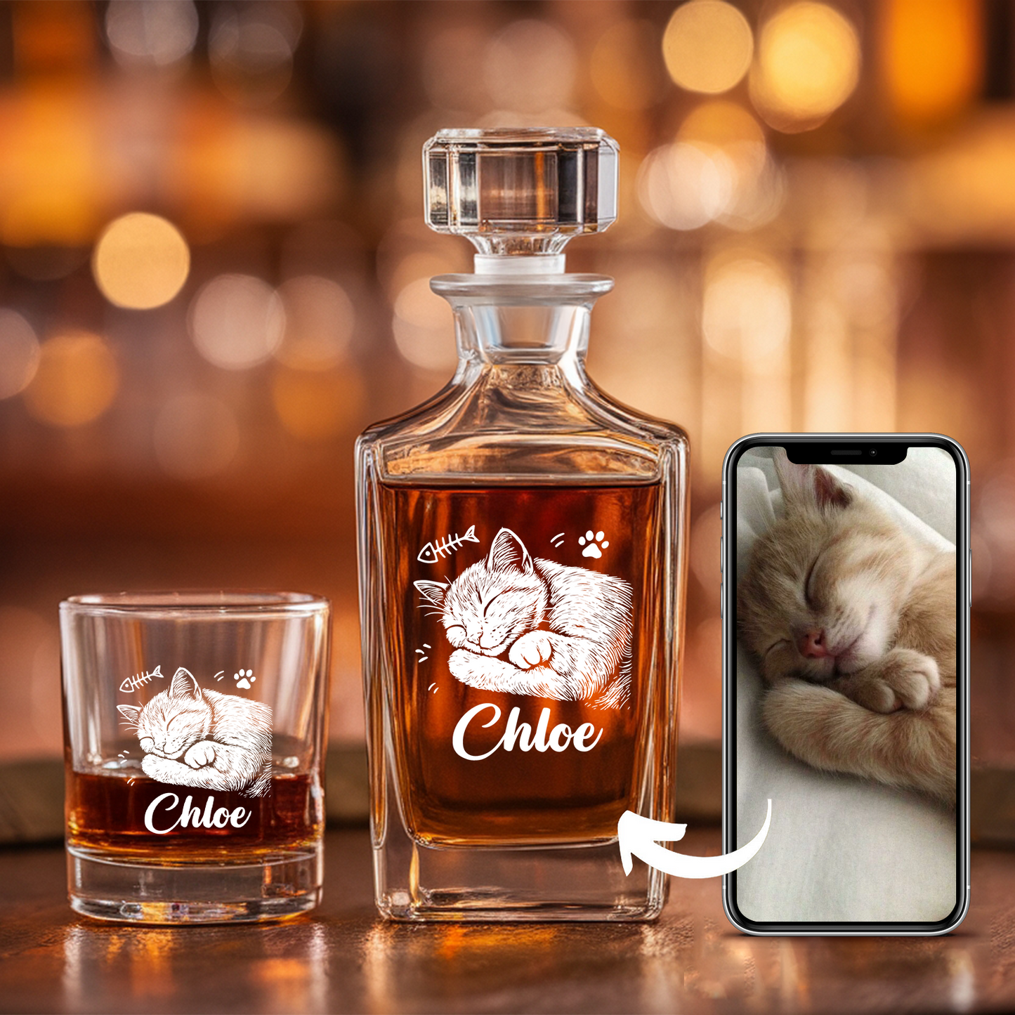 Custom Cat Photo Whiskey Glass And Decanter Set | Personalized Cat Photo Decanter | Gift For Cat Lover | Pet Memorial Gift TNN02