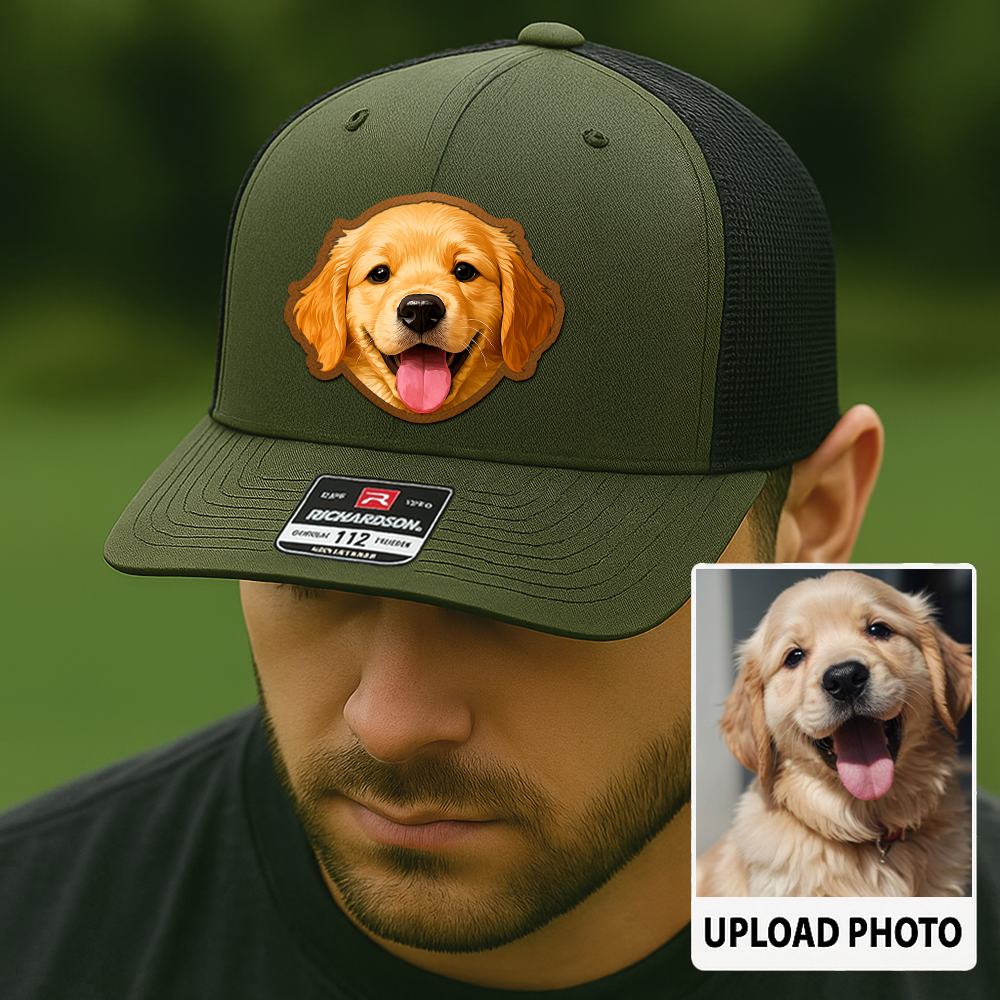 Custom Pet Photo Trucker Hat – Personalized Printed Leather Patch Hat – Dog Dad Gift – Custom Pet Memorial Hat – Pet Photo Printed on Leather Cap TH991