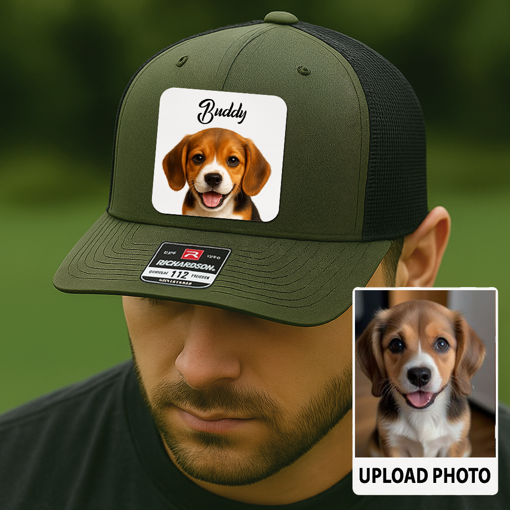 Custom Dog Trucker Cap – Personalized Leather Patch Hat with Printed Pet Face – Gift for Him TH9915
