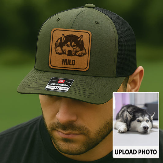 Custom Dog Photo Trucker Hat | Personalized Pet Patch Leather Patch Hat | Dog Lovers Gift TNGANSP018