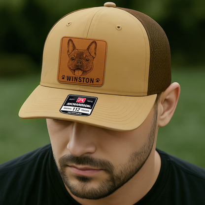 Custom Pet Photo Trucker Hat – Personalized Leather Patch Hat – Dog Portrait Gift – Custom Pet Face Hat P99A8