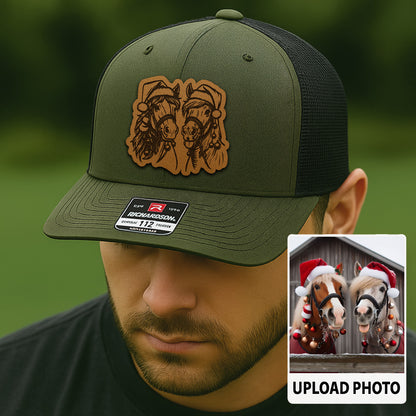 Personalized Horse Photo Leather Patch Hat | Custom Pet Photo Trucker Hat | Unique Gift For Horse Lovers THUC99P08