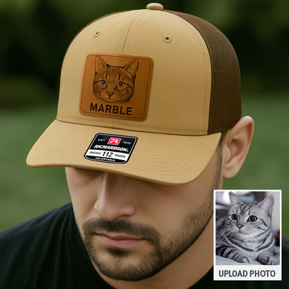 Custom Pet Photo Trucker Hat – Personalized Leather Patch Hat – Cat Portrait Gift – Custom Pet Face Hat P99A12