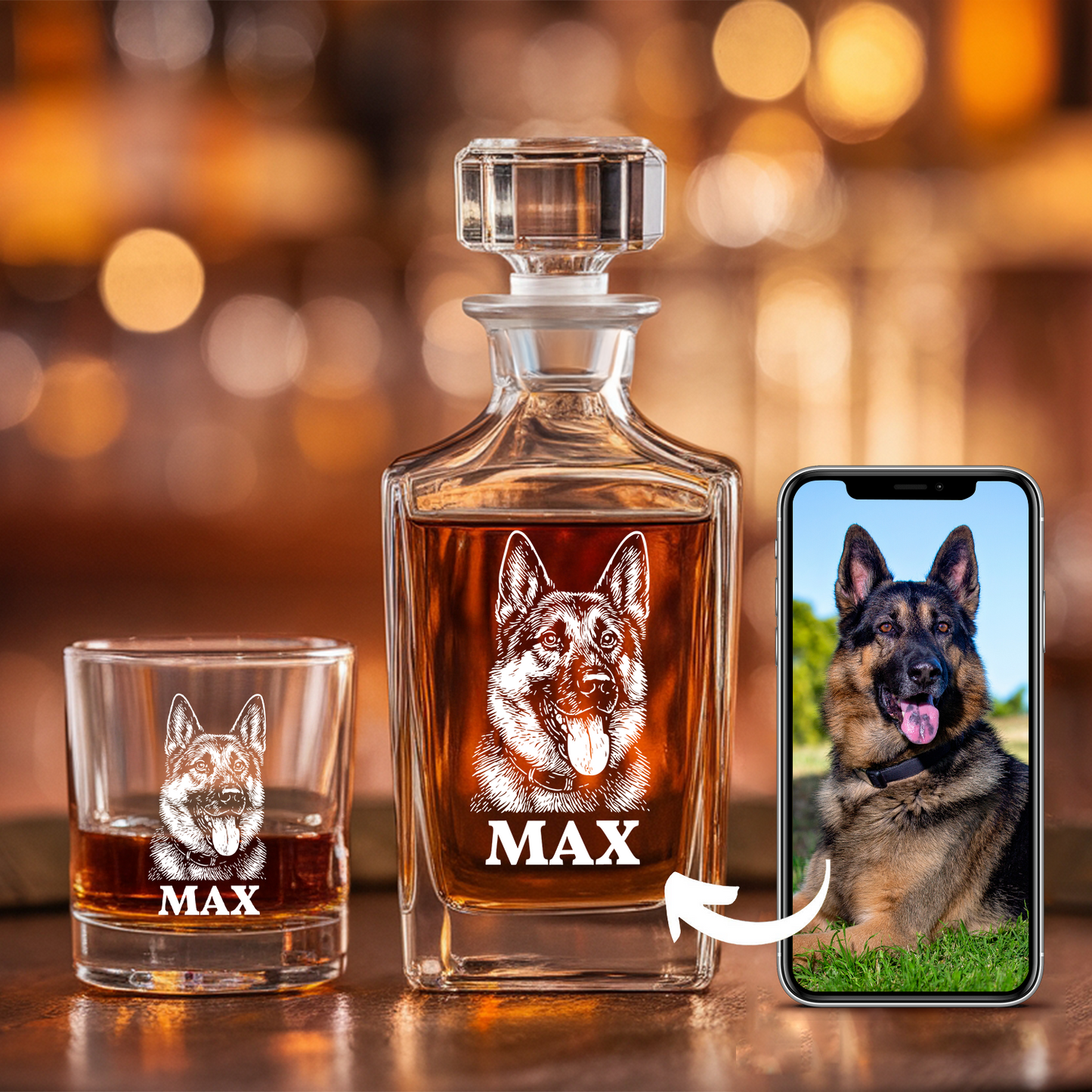 Custom Dog Photo Whiskey Glass And Decanter Set | Personalized Dog Photo Decanter | Gift For Dog Lover | Pet Memorial Gift TNN11