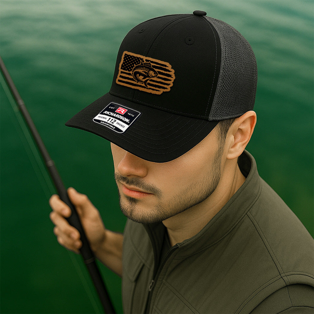 Personalized Fishing American Flag Hat – Custom Trucker with Design Leather Patch THUC99MF03