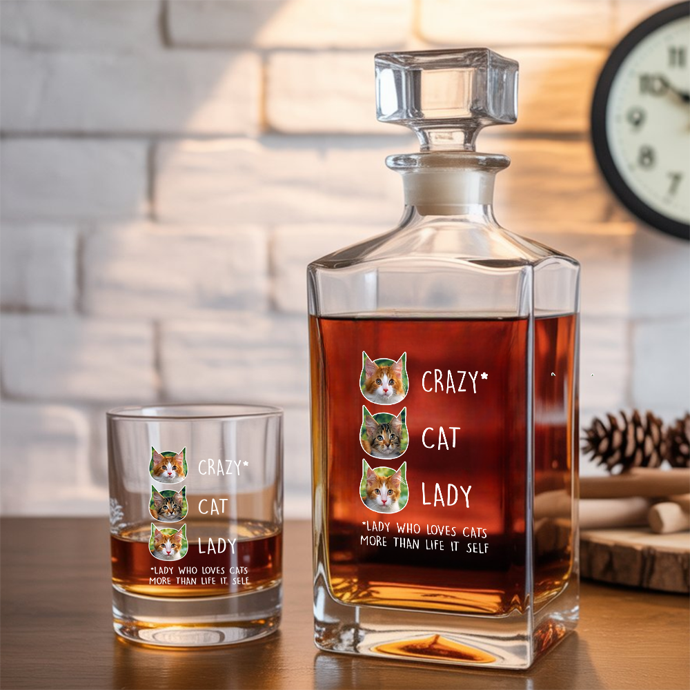 Custom Cat Photo Whiskey Glass And Decanter Set | Personalized Cat Photo Crazy Cat Lady | Gift For Cat Lover