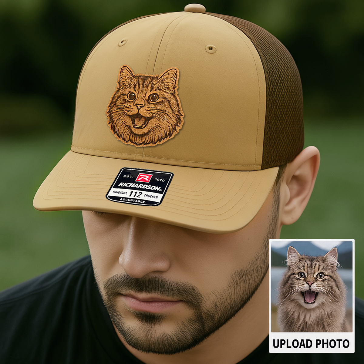 Custom Pet Photo Trucker Hat – Personalized Leather Patch Hat – Cat Portrait Gift – Custom Pet Face Hat P99A14