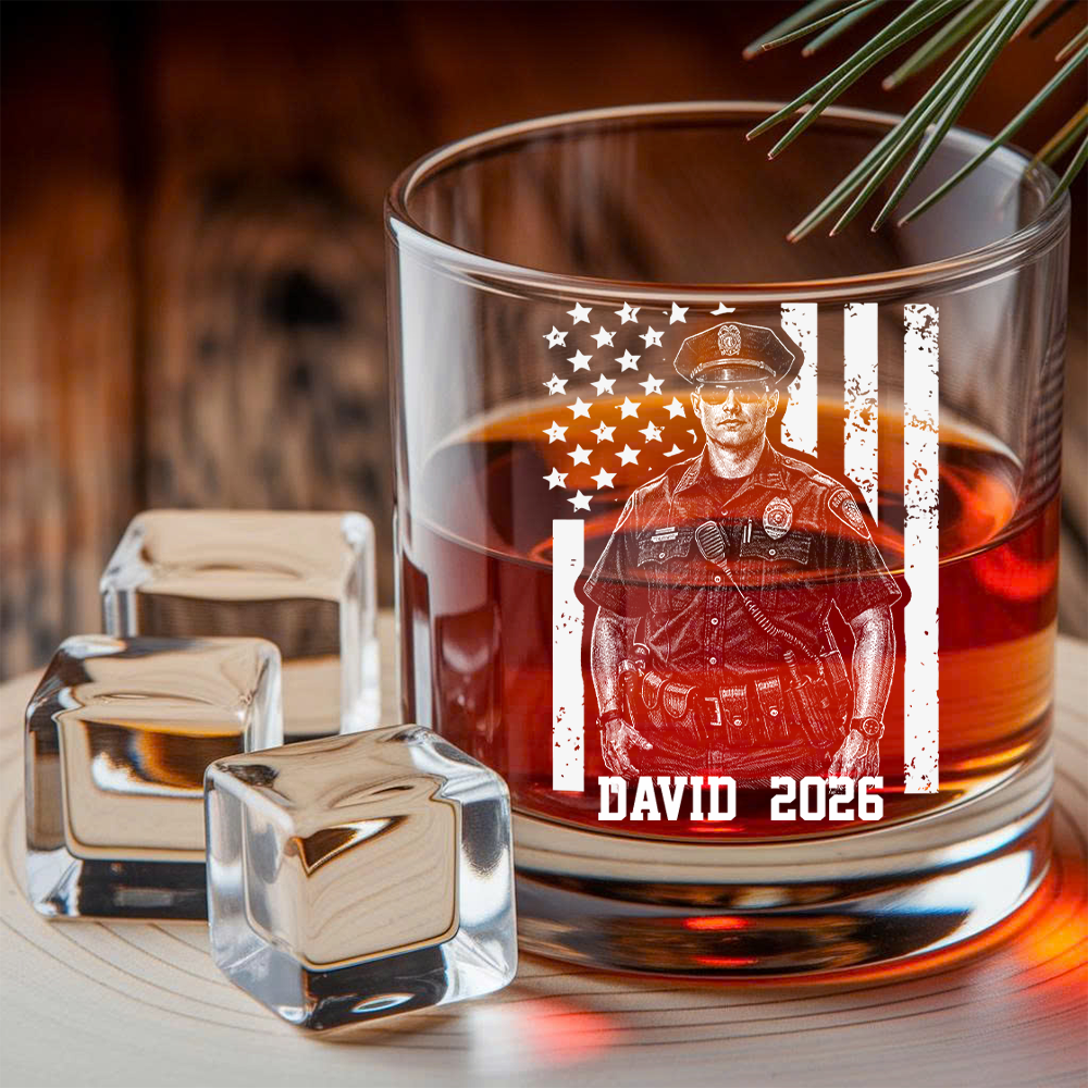 Custom Photo Police Whiskey Decanter Set, Personalized Police Officer America Flag Decanter THUC99