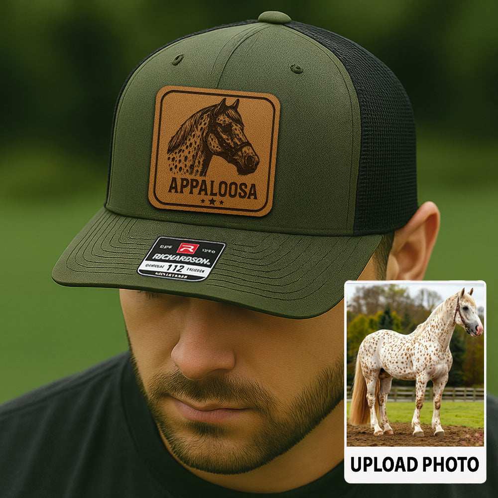 Personalized Horse Photo Leather Patch Hat | Custom Pet Photo Trucker Hat | Horse Farm Lovers Gift THUC99P14