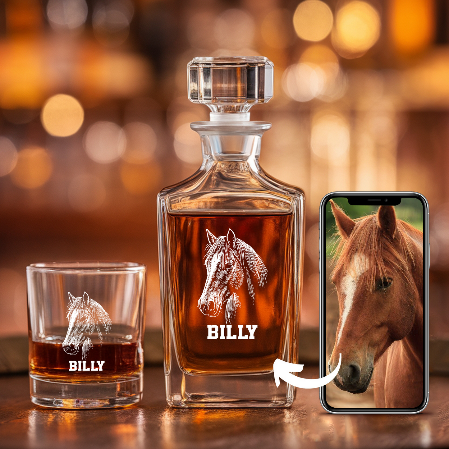 Custom Horse Photo Whiskey Glass And Decanter Set | Personalized Horse Photo Decanter | Gift For Horse Lover | Pet Memorial Gift TNN12