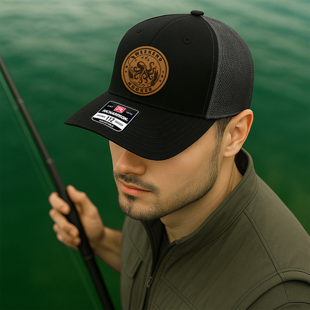 Personalized Fishing Trucker Hat – Custom Leather Patch Hat with Fish Design – Gift for Dad, Husband, or Grandpa THUC99MF02