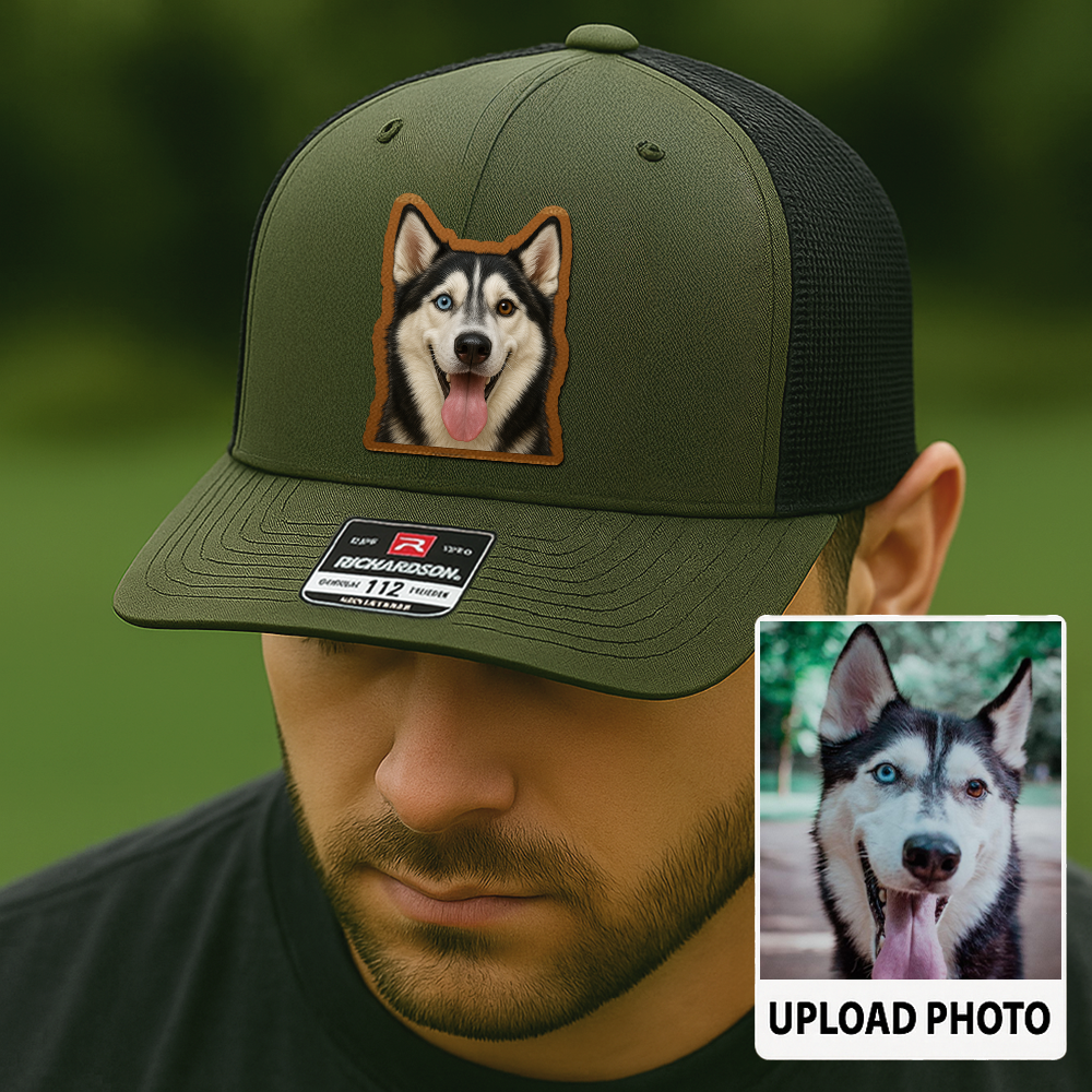 Custom Pet Memorial Leather Hat – Printed Trucker Cap – Dog Dad Keepsake Gift TH999