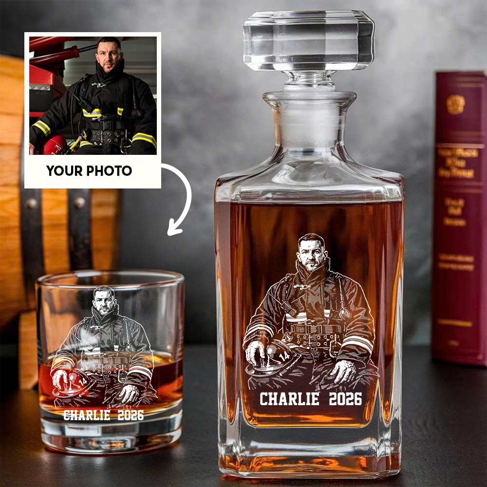 Custom Photo Firefighter Whiskey Decanter Set, Personalized Name For Dad, Retirement Gift THUC99
