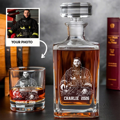 Custom Photo Firefighter Whiskey Decanter Set, Personalized Name For Dad, Retirement Gift THUC99
