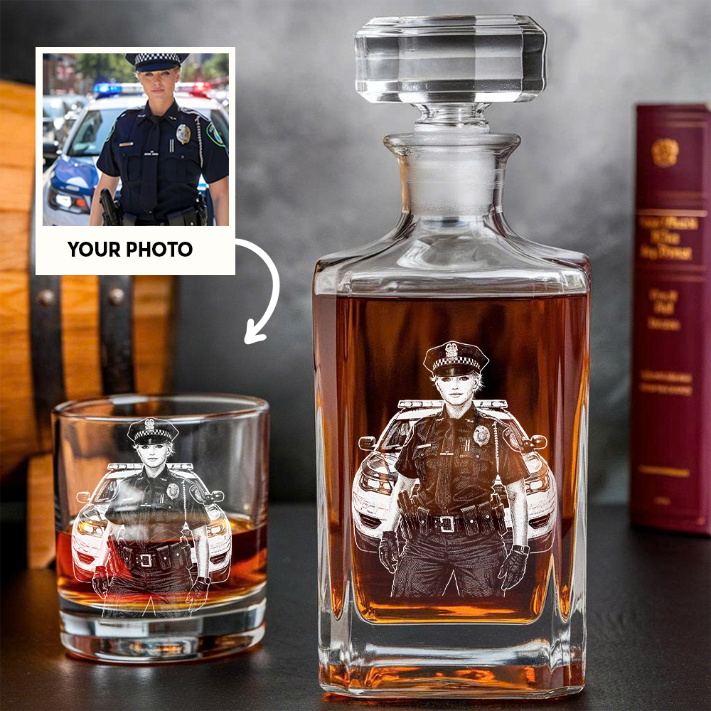 Personalized Photo Police Officer Whiskey Decanter Set with Name, Gift For Dad, Retirement Gift THUC99