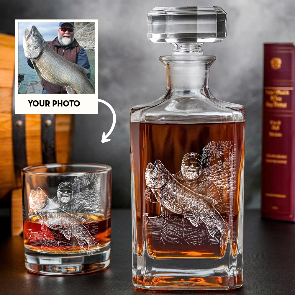 Custom Photo Fishing Whiskey Decanter Set, Engraved Whisket Glass Gift THUC99