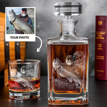Custom Photo Fishing Whiskey Decanter Set, Engraved Whisket Glass Gift THUC99