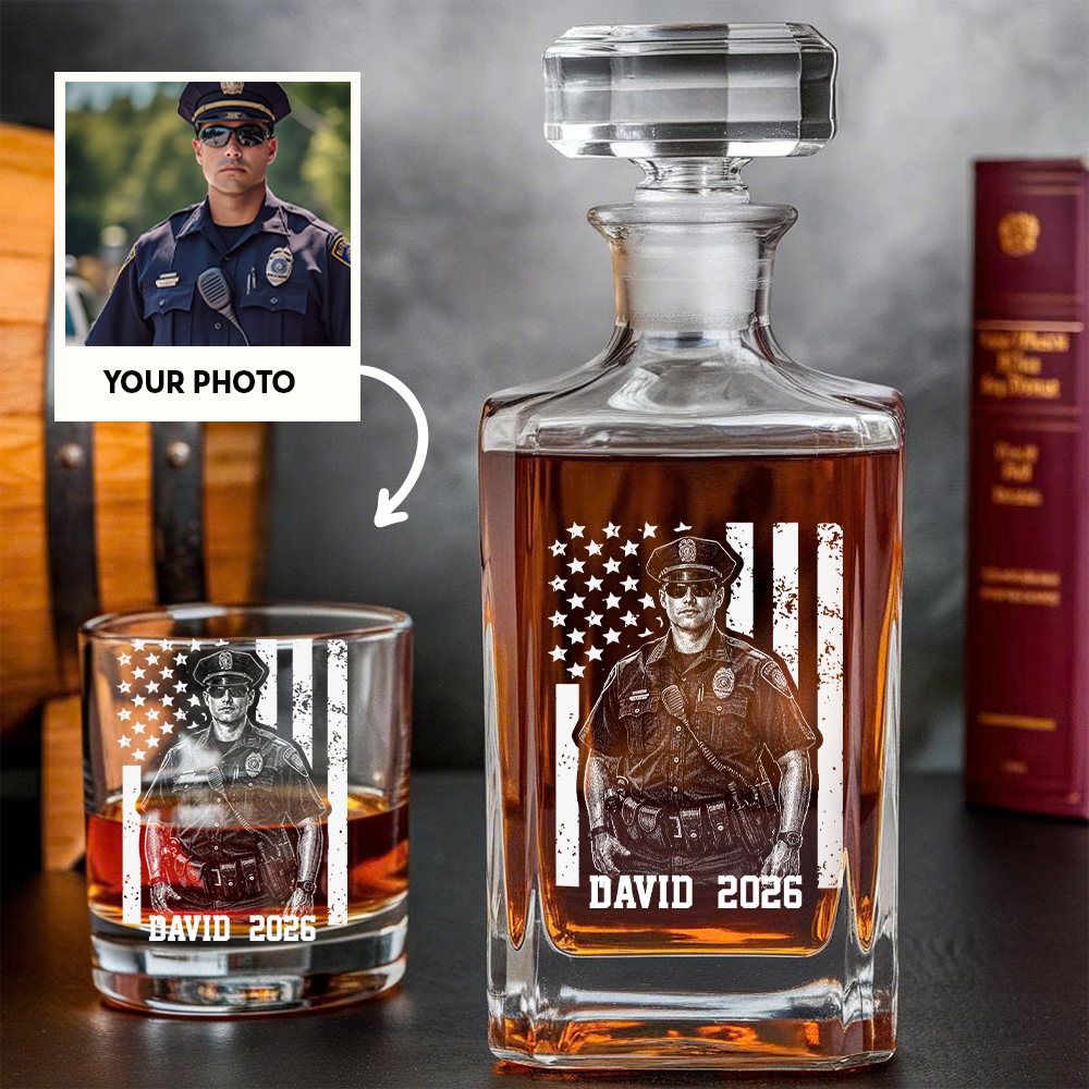 Custom Photo Police Whiskey Decanter Set, Personalized Police Officer America Flag Decanter THUC99