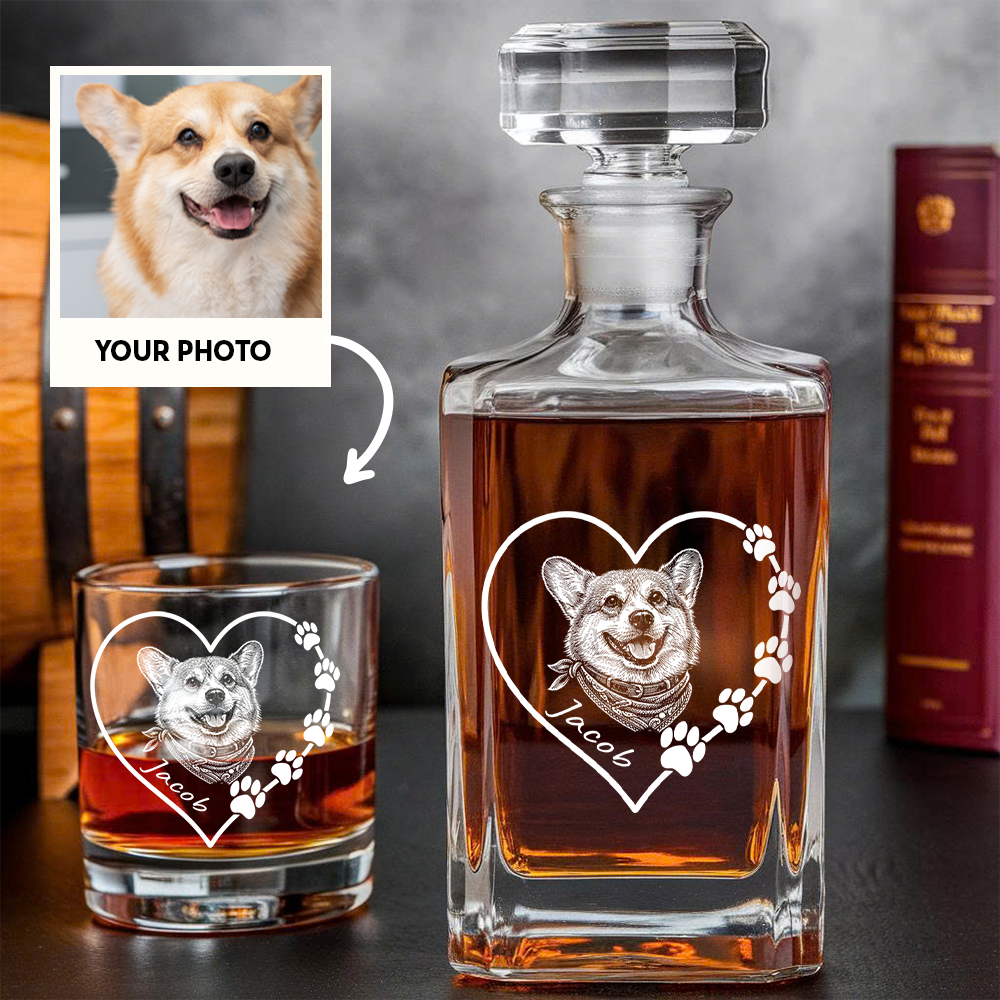 Custom Photo Dog Heart Shape Whiskey Decanter Set with Name, Dog Lover Gift THUC99