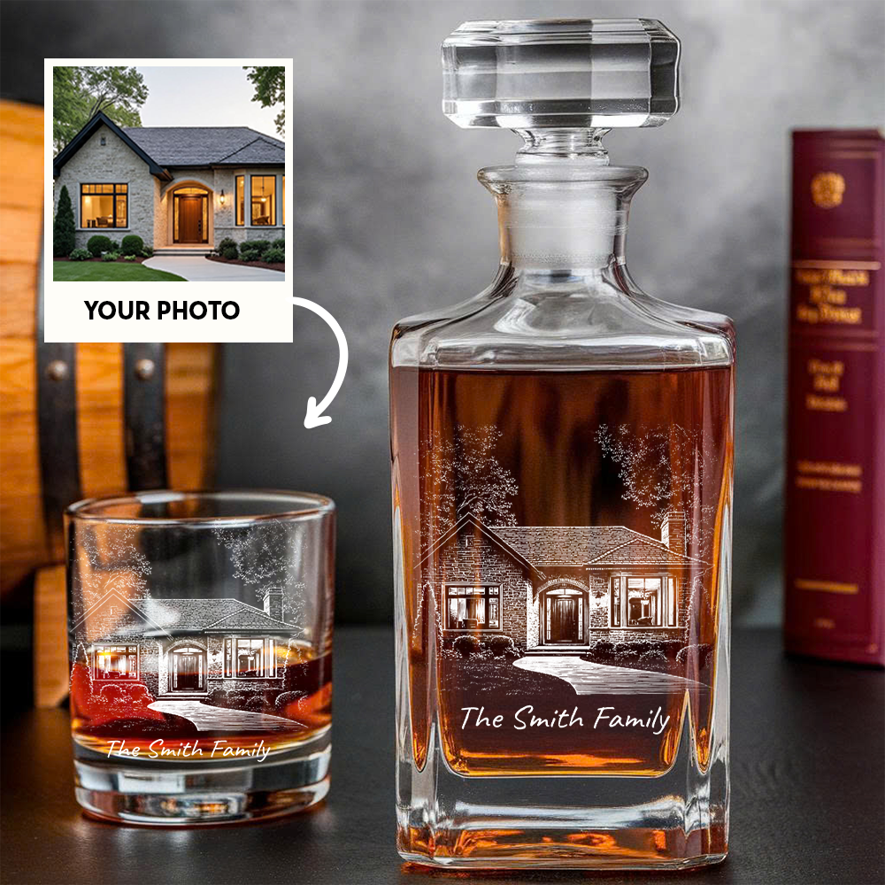 Custom Photo House Whiskey Decanter Set, Personalized Family Gift THUC99