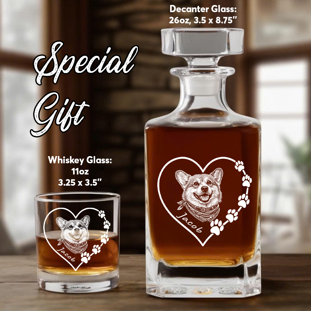 Custom Photo Dog Heart Shape Whiskey Decanter Set with Name, Dog Lover Gift THUC99