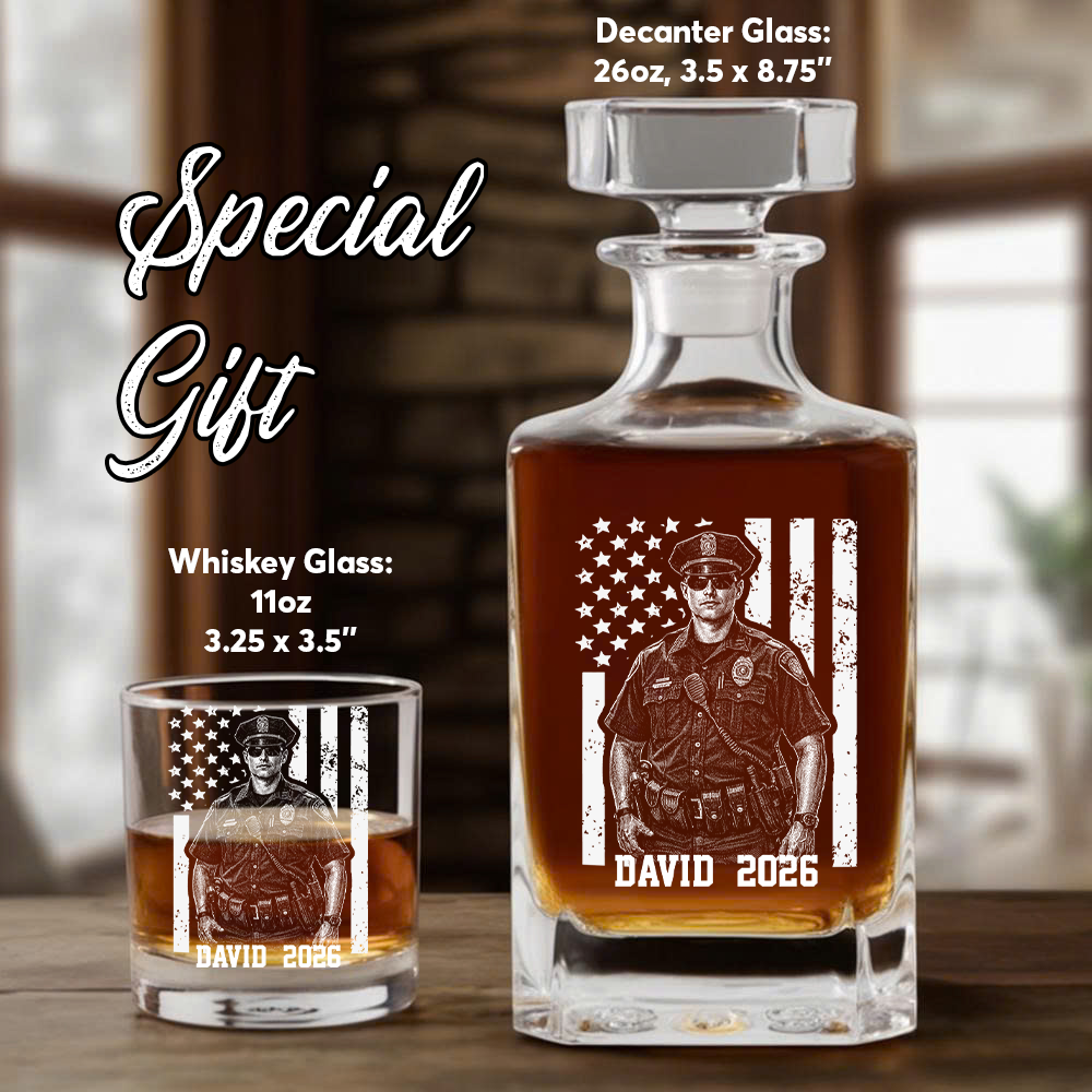 Custom Photo Police Whiskey Decanter Set, Personalized Police Officer America Flag Decanter THUC99