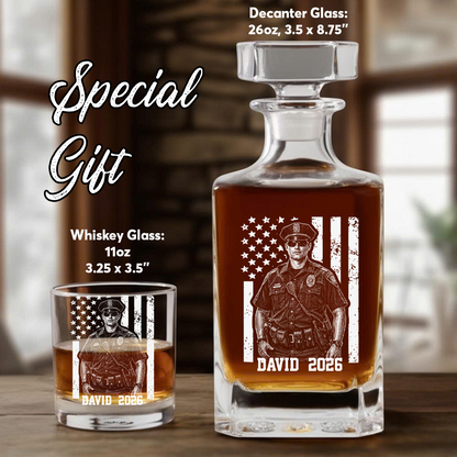 Custom Photo Police Whiskey Decanter Set, Personalized Police Officer America Flag Decanter THUC99