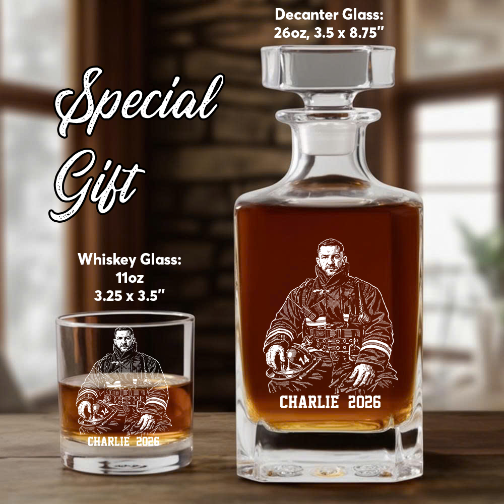 Custom Photo Firefighter Whiskey Decanter Set, Personalized Name For Dad, Retirement Gift THUC99