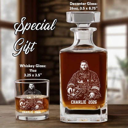 Custom Photo Firefighter Whiskey Decanter Set, Personalized Name For Dad, Retirement Gift THUC99