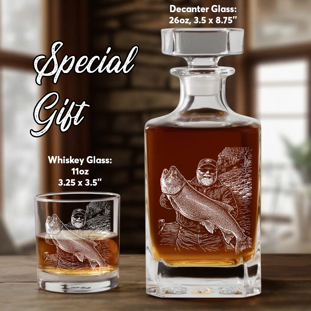 Custom Photo Fishing Whiskey Decanter Set, Engraved Whisket Glass Gift THUC99