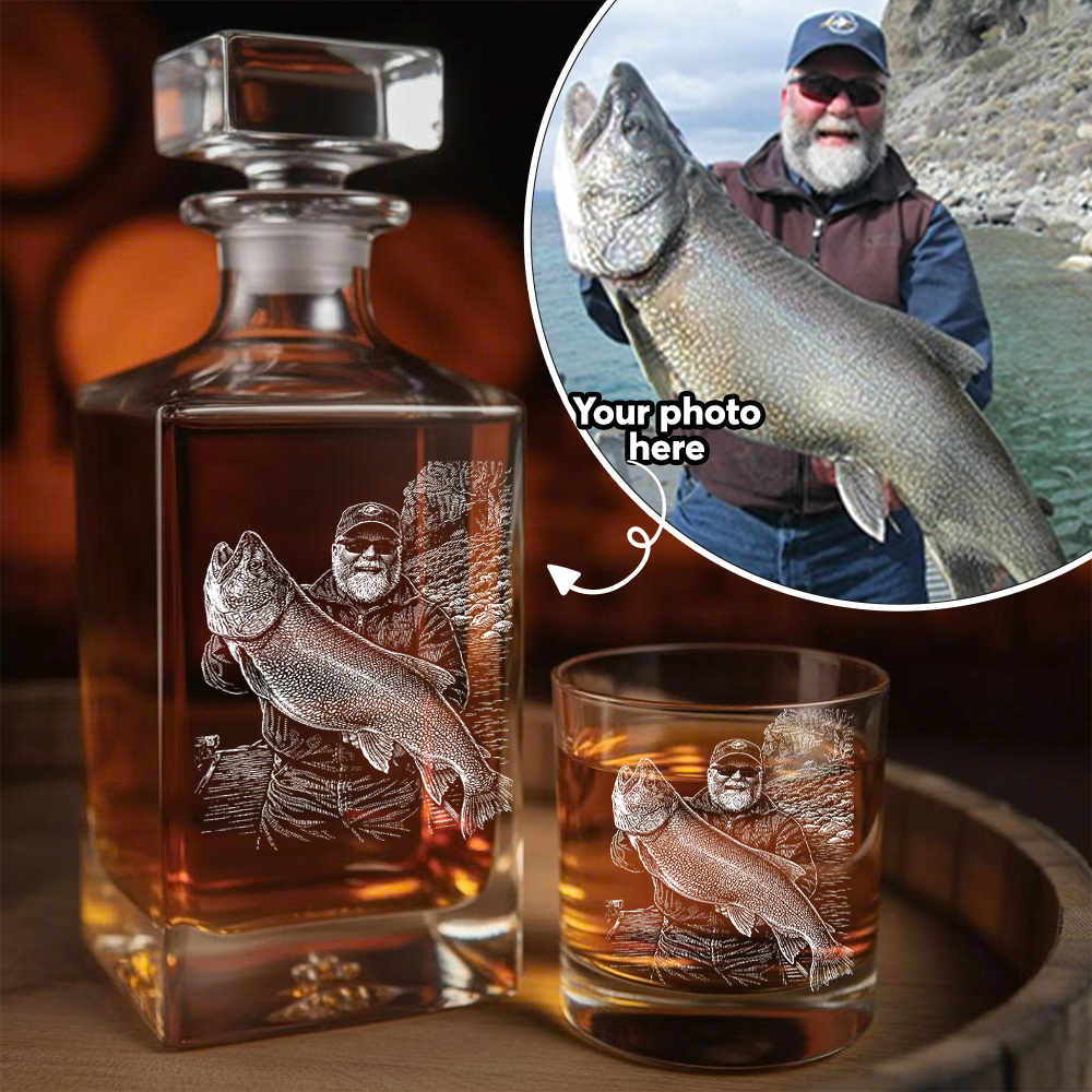 Custom Photo Fishing Whiskey Decanter Set, Engraved Whisket Glass Gift THUC99