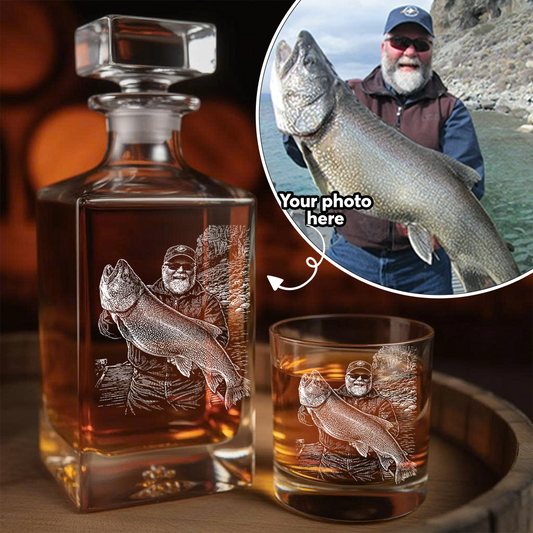 Custom Photo Fishing Whiskey Decanter Set, Engraved Whisket Glass Gift THUC99