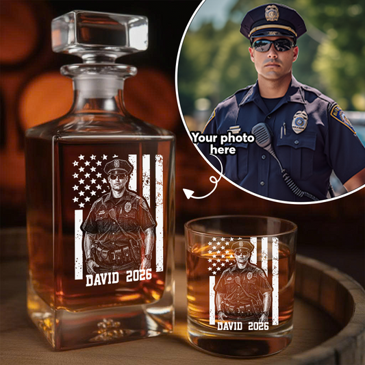 Custom Photo Police Whiskey Decanter Set, Personalized Police Officer America Flag Decanter THUC99