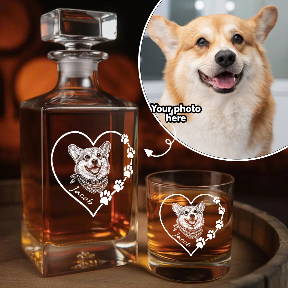 Custom Photo Dog Heart Shape Whiskey Decanter Set with Name, Dog Lover Gift THUC99