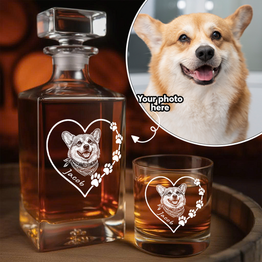 Custom Photo Dog Heart Shape Whiskey Decanter Set with Name, Dog Lover Gift THUC99