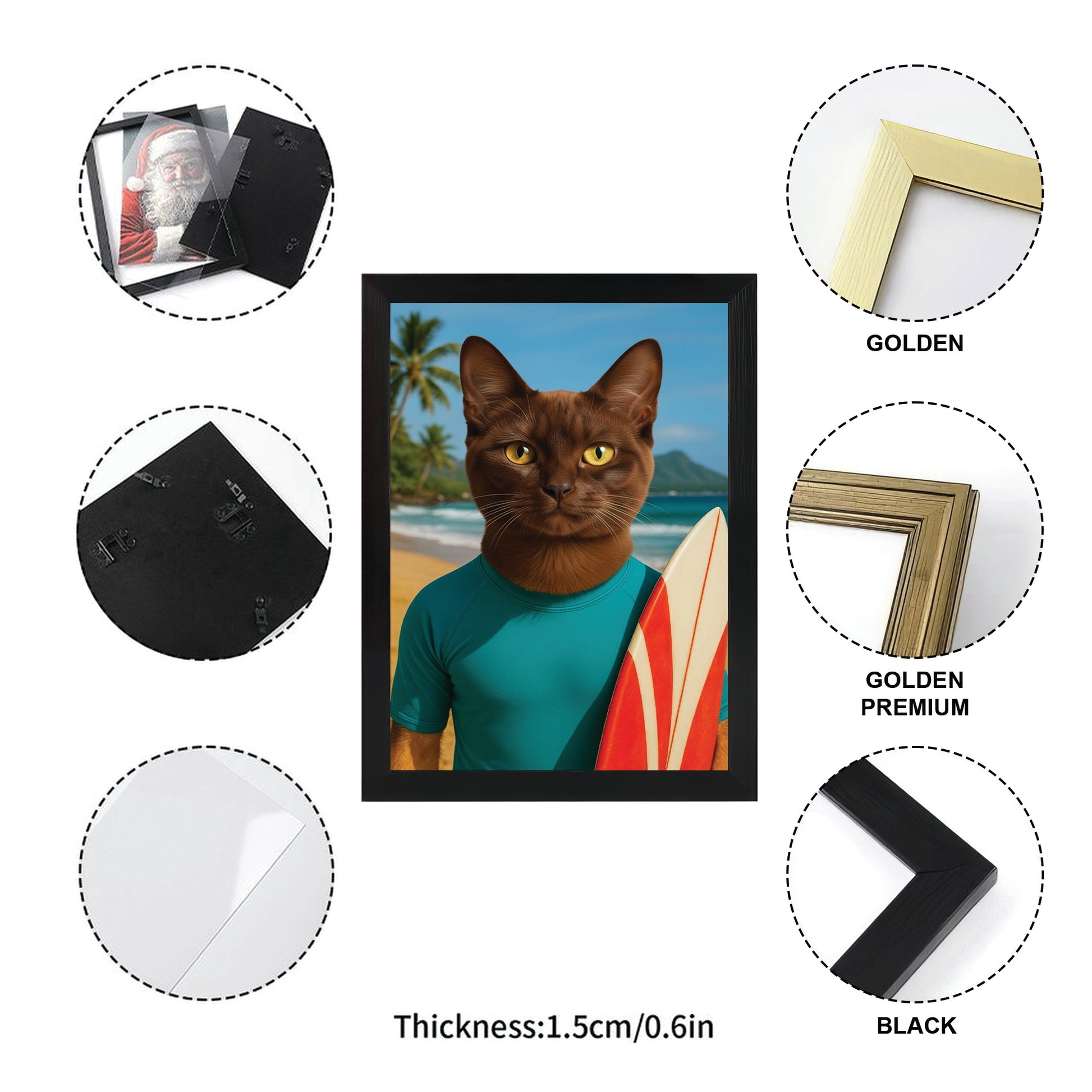 Custom Photo Surfer Beach Cat Canvas Framed Wall Art Gift For Cat Lovers