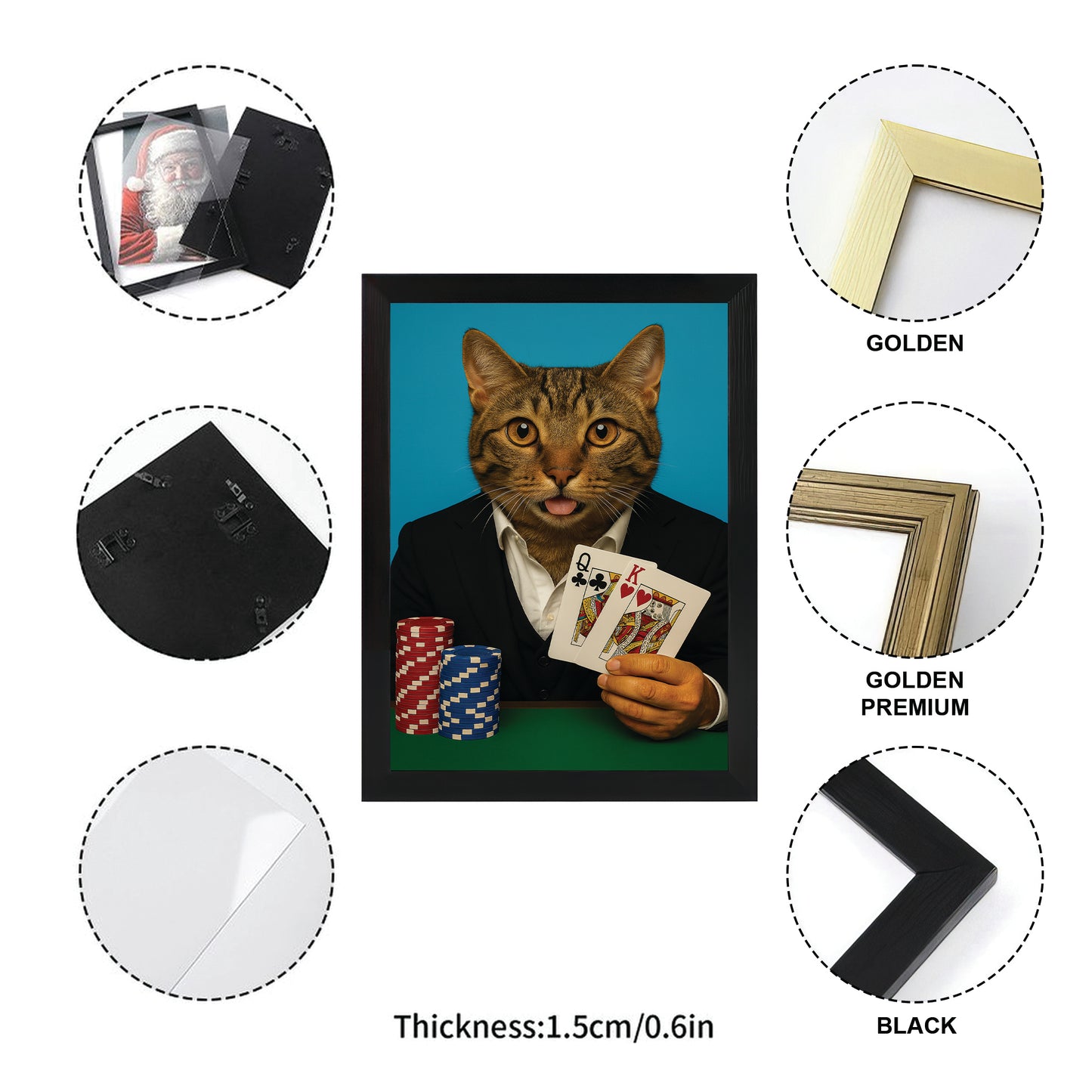Custom Photo Poker Player Cat Canvas Framed Wall Art Gift For Cat Lovers