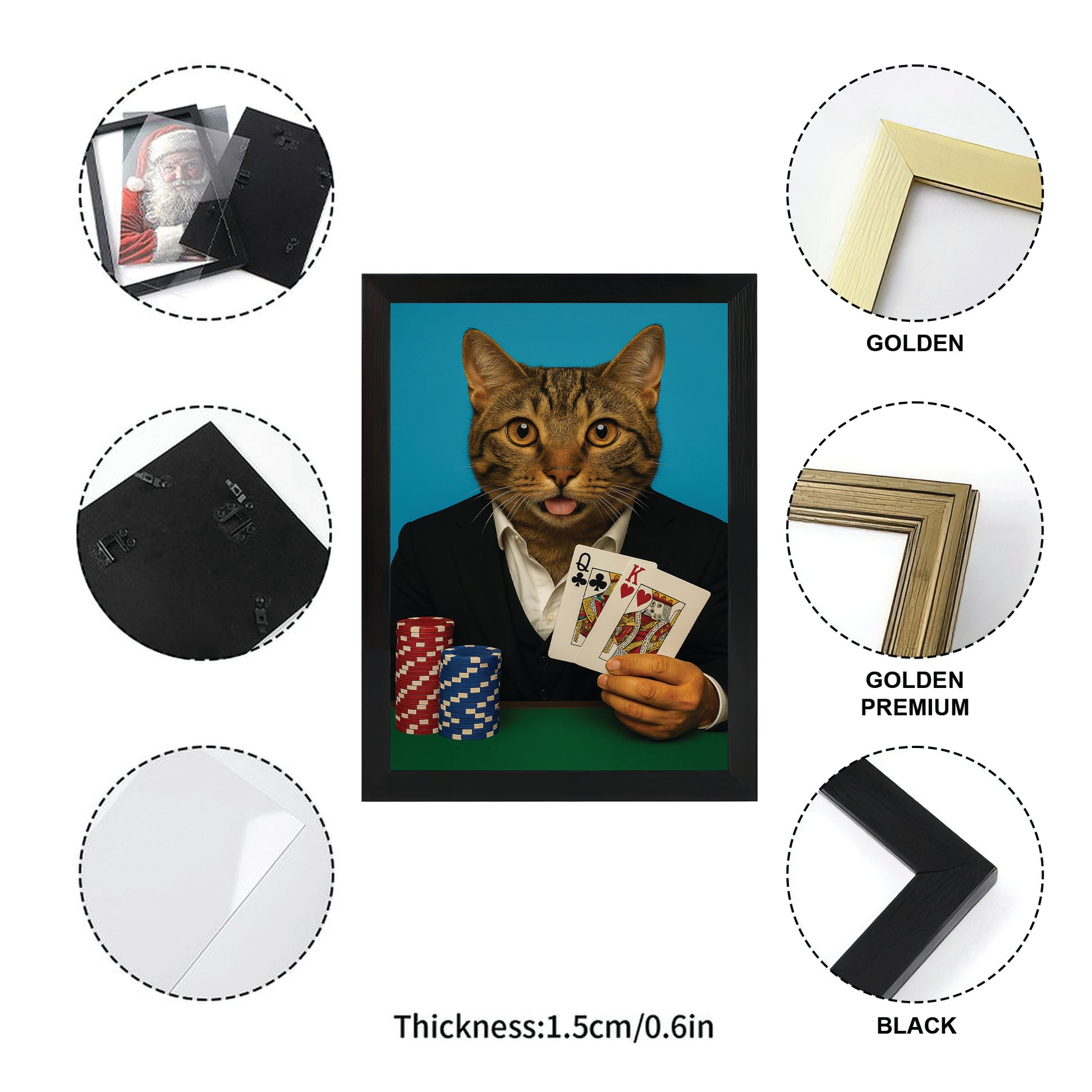 Custom Photo Poker Player Cat Canvas Framed Wall Art Gift For Cat Lovers