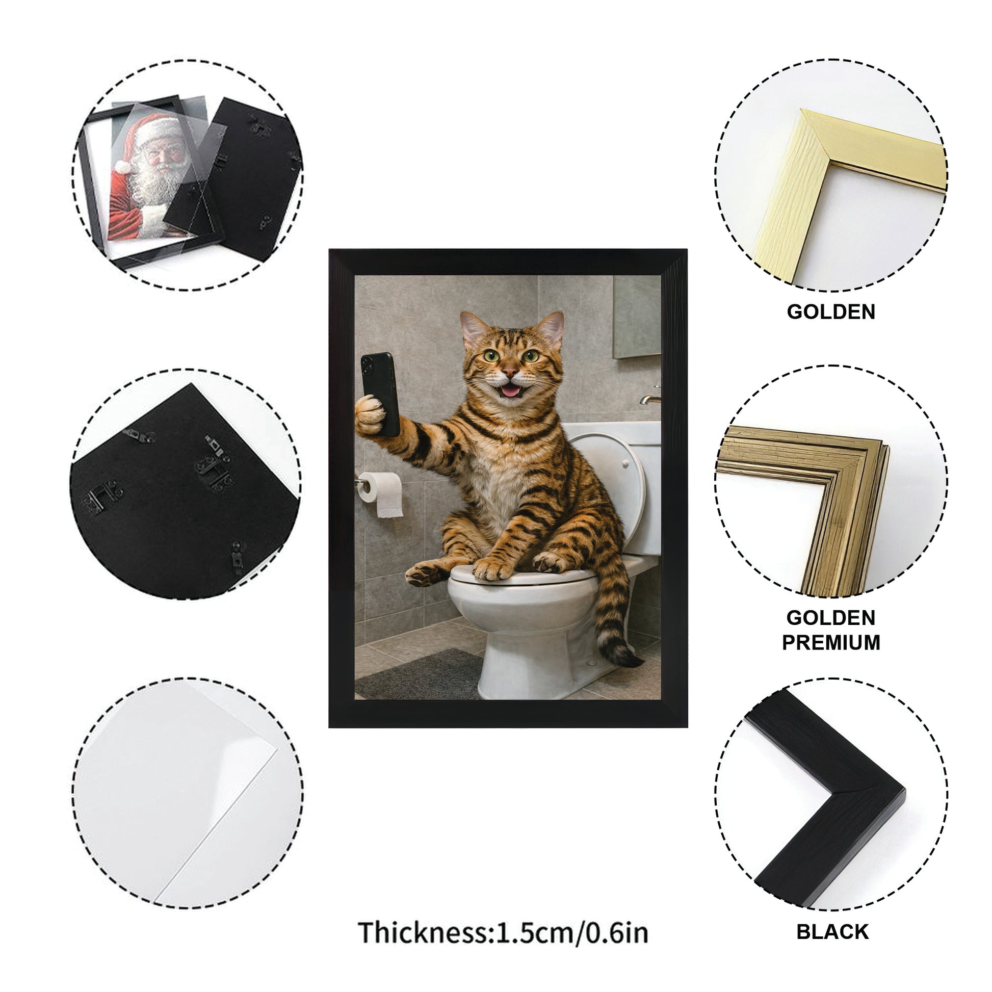 Custom Photo Cat Sefie Bathroom Canvas Framed Wall Art Gift For Cat Lover