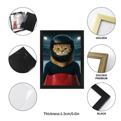 Custom Photo Bobsled Winter Race Cat Canvas Framed Wall Art Gift For Cat Lovers
