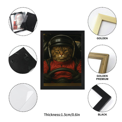 Custom Photo Racing Driver Cat Canvas Framed Wall Art Gift For Cat Lovers