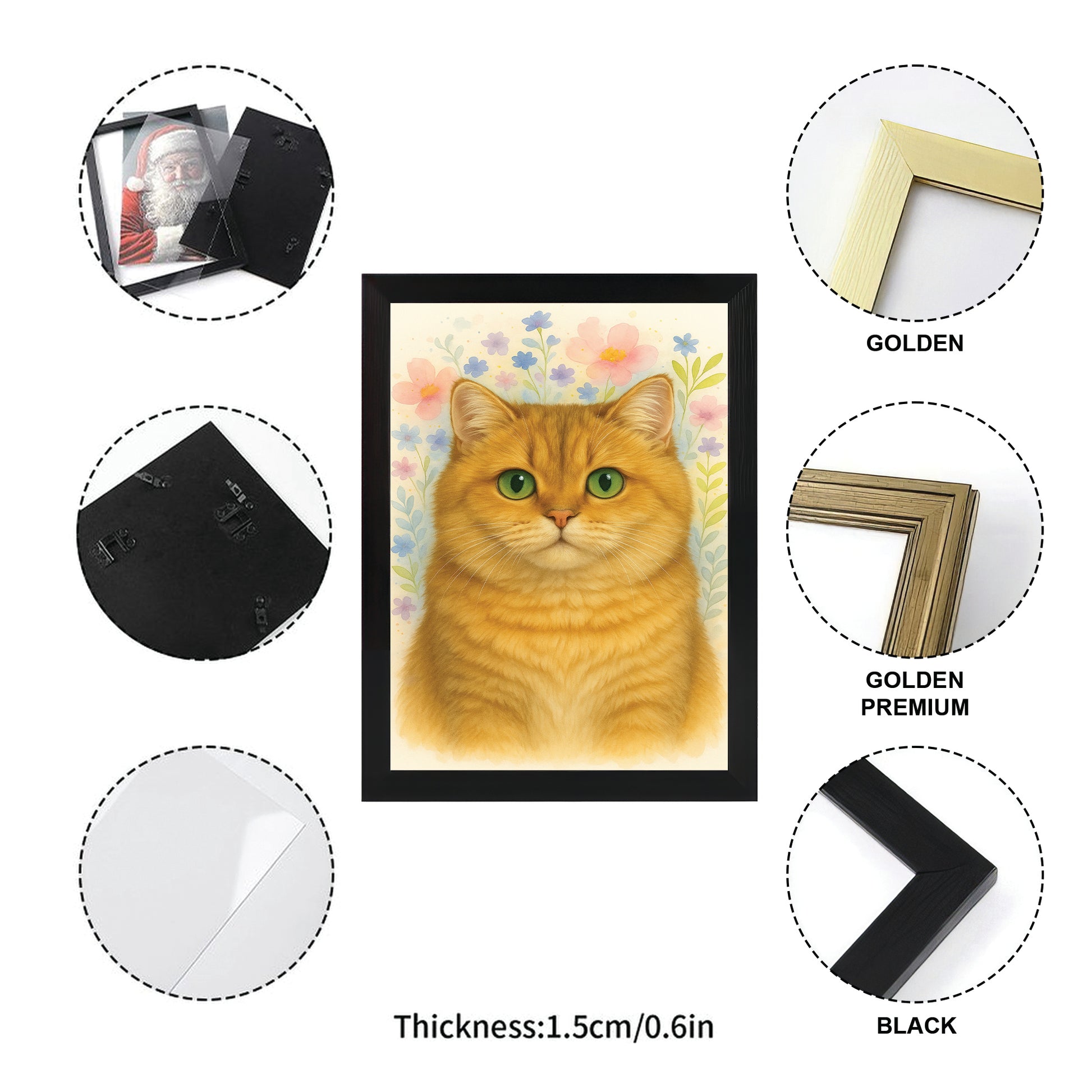 Custom Photo Cat Floral Watercolor Art Canvas Framed Wall Art