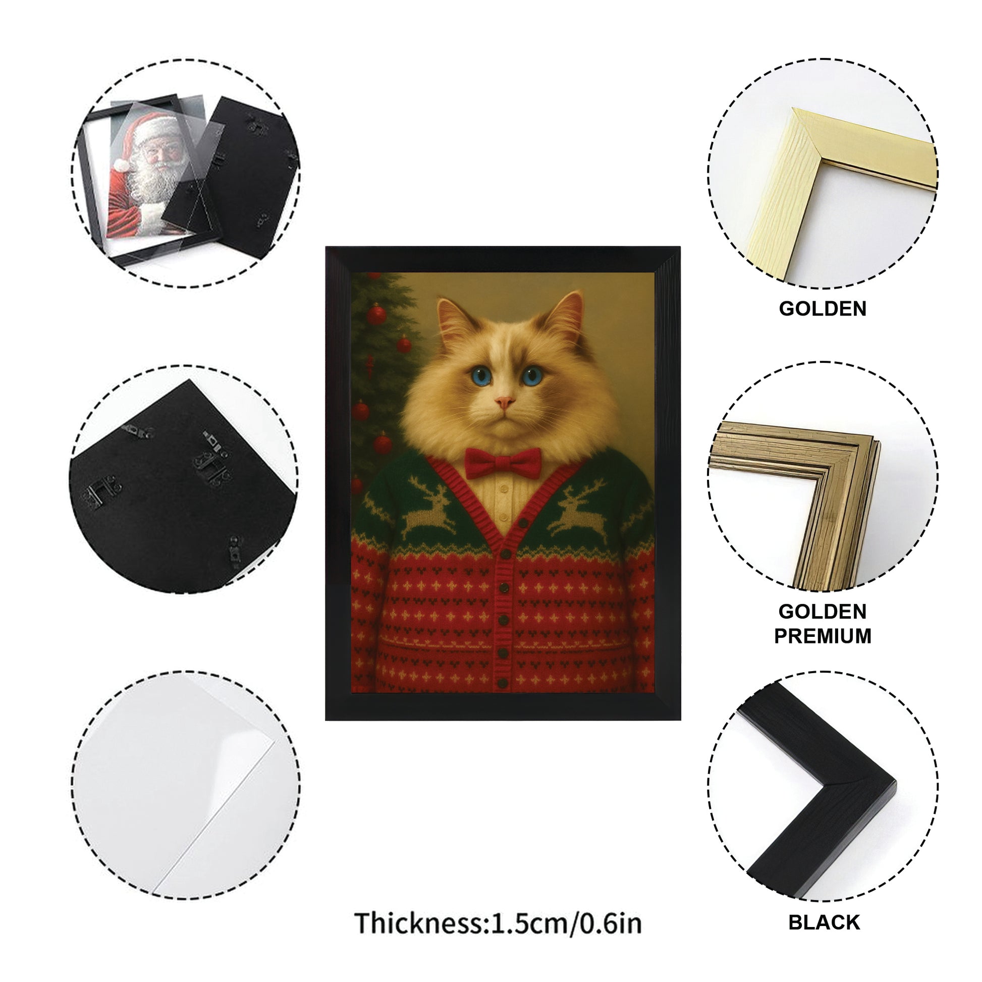 Custom Photo Christmas Cat Canvas Framed Wall Art Gift For Cat Lovers