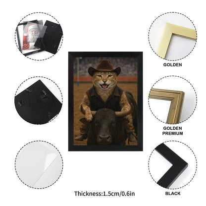 Custom Photo Bull Rider Cowboy Cat Canvas Framed Wall Art Gift For Cat Lovers